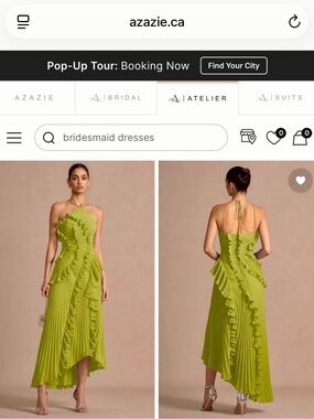 Azazie Olive Green One-Shoulder Ruffle Pleated Dress